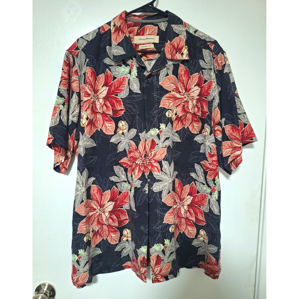 Tommy Bahama Shirt Mens Medium 100% Silk Poinsettia Floral Christmas Hawaiian